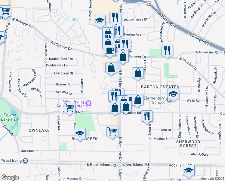 map of restaurants, bars, coffee shops, grocery stores, and more near 3510 San Villa Drive in Irving