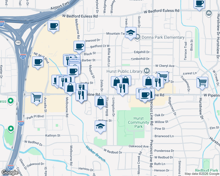 map of restaurants, bars, coffee shops, grocery stores, and more near 812 Billie Ruth Lane in Hurst