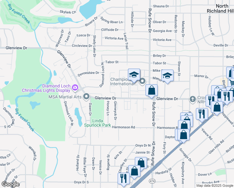 map of restaurants, bars, coffee shops, grocery stores, and more near 4104 Glenwyck Drive in North Richland Hills