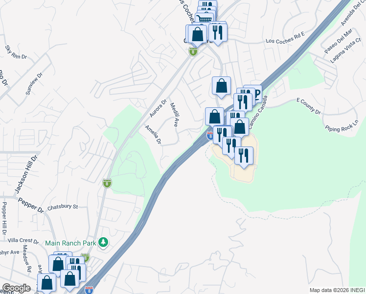 map of restaurants, bars, coffee shops, grocery stores, and more near 8133 Medill Avenue in El Cajon