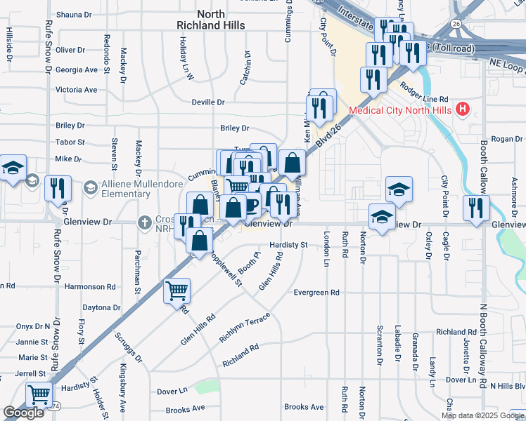 map of restaurants, bars, coffee shops, grocery stores, and more near 7238 Vivian Lane in Richland Hills
