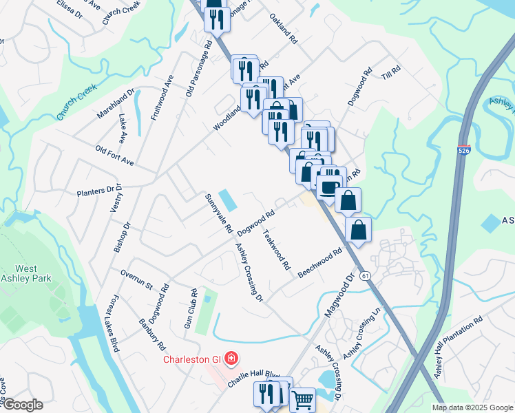 map of restaurants, bars, coffee shops, grocery stores, and more near 1911 Chestnut Oak Lane in Charleston