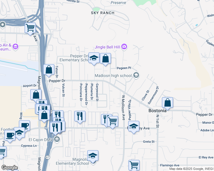 map of restaurants, bars, coffee shops, grocery stores, and more near 1286 Bates Lane in El Cajon
