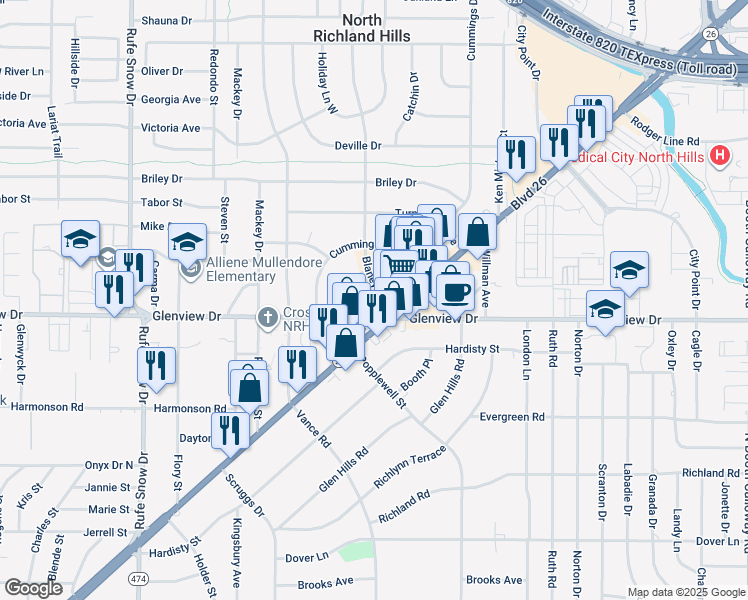 map of restaurants, bars, coffee shops, grocery stores, and more near 7151 Grapevine Highway in North Richland Hills
