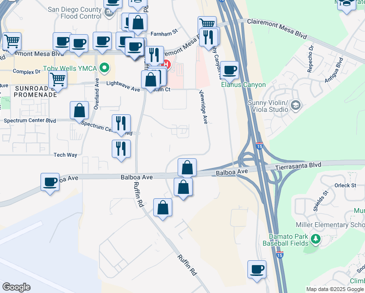 map of restaurants, bars, coffee shops, grocery stores, and more near 4560 Viewridge Avenue in San Diego