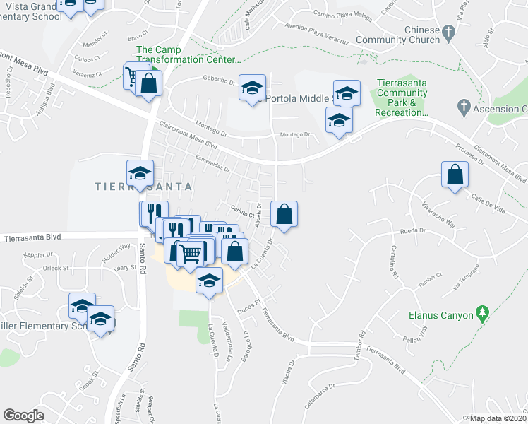 map of restaurants, bars, coffee shops, grocery stores, and more near 10814 Cariuto Court in San Diego