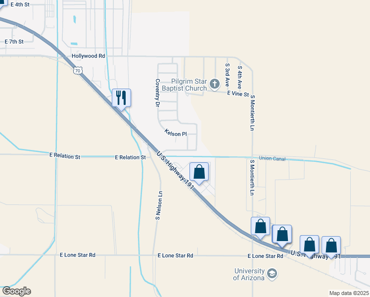 map of restaurants, bars, coffee shops, grocery stores, and more near 1394 S Roper Ln in Safford