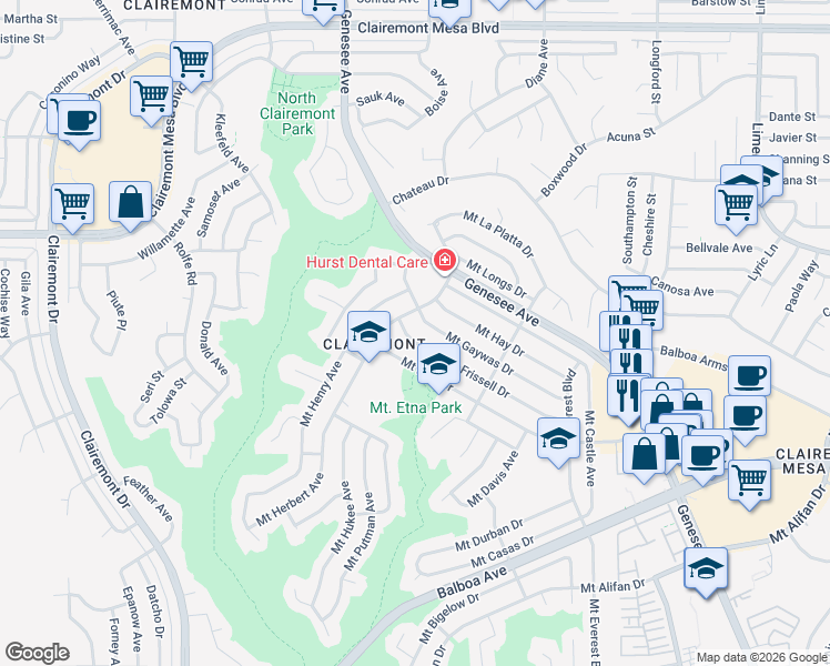 map of restaurants, bars, coffee shops, grocery stores, and more near 4690 Mount Frissell Drive in San Diego