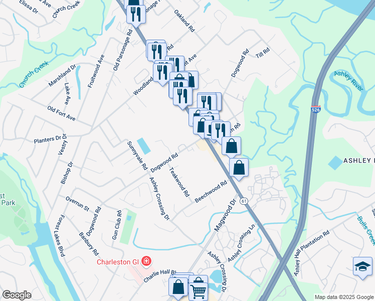 map of restaurants, bars, coffee shops, grocery stores, and more near 1815 Dogwood Road in Charleston