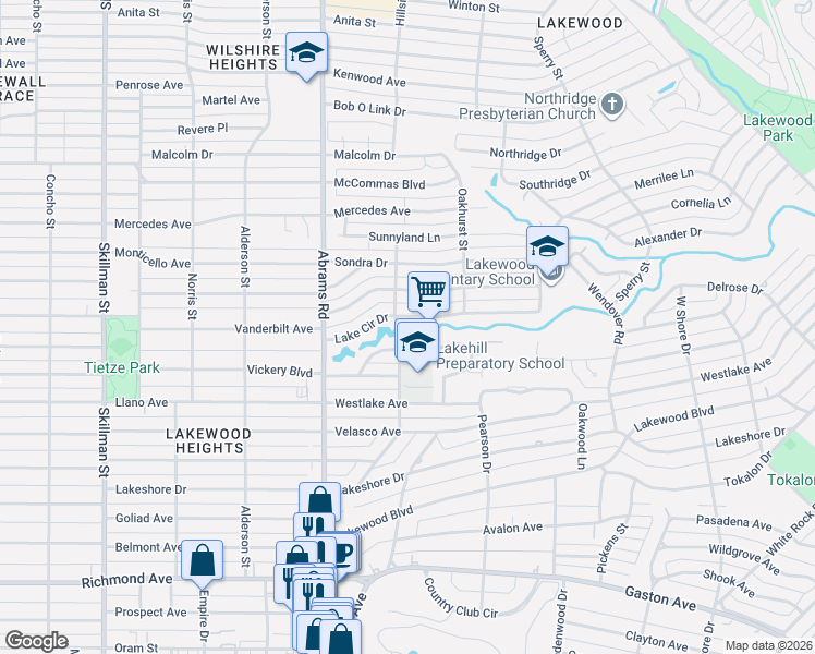 map of restaurants, bars, coffee shops, grocery stores, and more near 6466 Lake Circle Drive in Dallas
