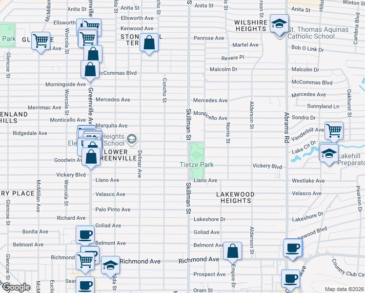 map of restaurants, bars, coffee shops, grocery stores, and more near 6038 Vanderbilt Avenue in Dallas