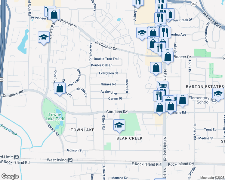 map of restaurants, bars, coffee shops, grocery stores, and more near 3903 Avalon Avenue in Irving