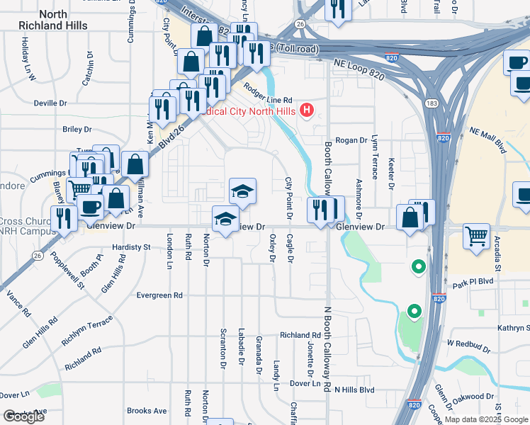 map of restaurants, bars, coffee shops, grocery stores, and more near 7501 Glenview Drive in Richland Hills