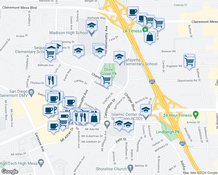 map of restaurants, bars, coffee shops, grocery stores, and more near 6076 Castleton Drive in San Diego