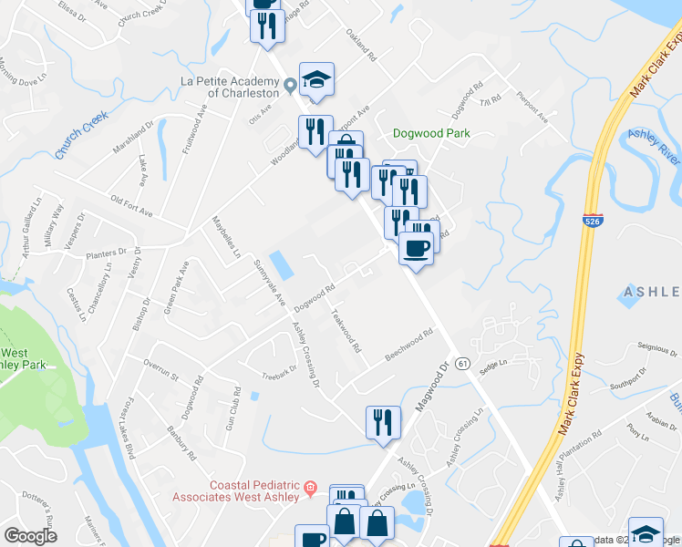 map of restaurants, bars, coffee shops, grocery stores, and more near 2442 Quail Hollow Court in Charleston
