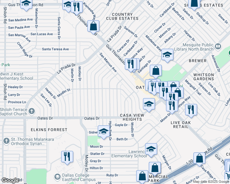 map of restaurants, bars, coffee shops, grocery stores, and more near 4329 Ridgedale Drive in Mesquite