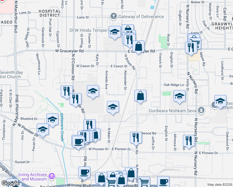 map of restaurants, bars, coffee shops, grocery stores, and more near 1007 Pearson St in Irving
