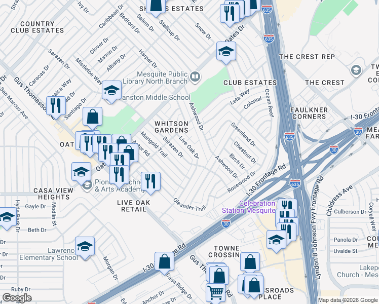 map of restaurants, bars, coffee shops, grocery stores, and more near 4327 Live Oak Drive in Mesquite