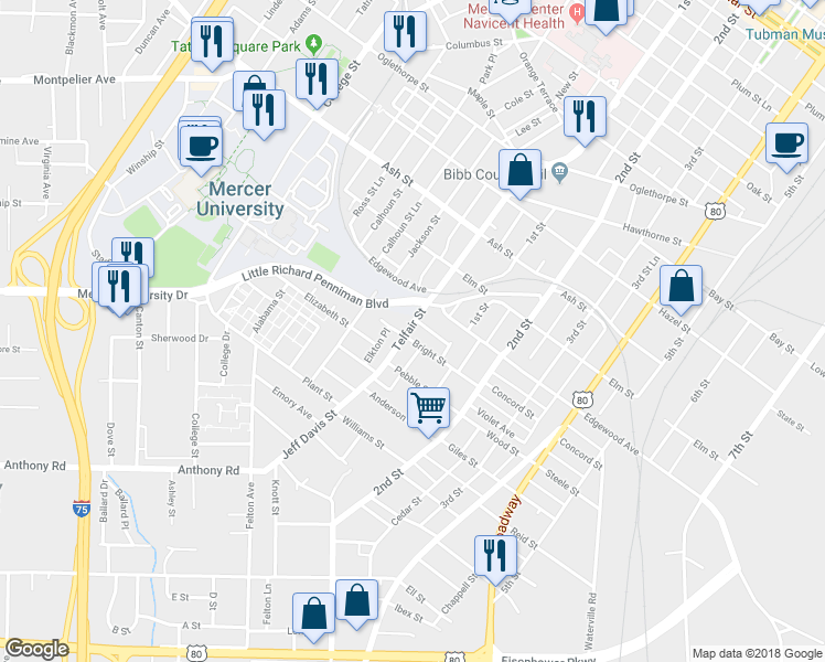 map of restaurants, bars, coffee shops, grocery stores, and more near 1578 Telfair Street in Macon