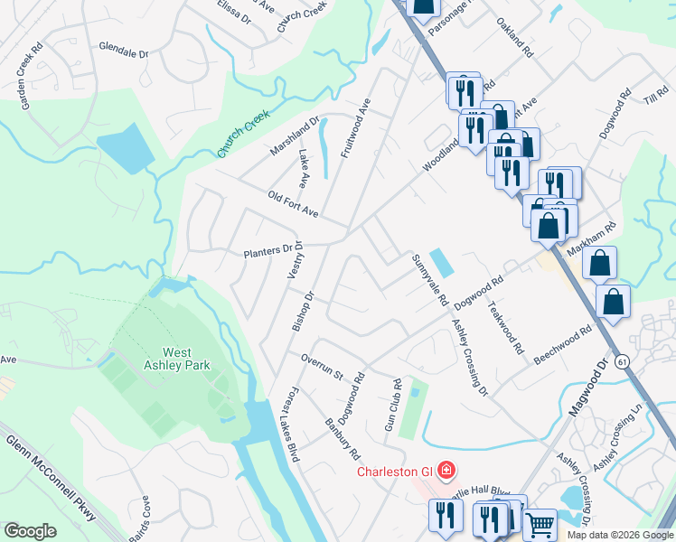 map of restaurants, bars, coffee shops, grocery stores, and more near 2023 Green Park Avenue in Charleston