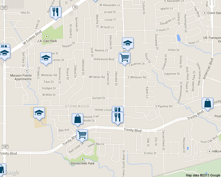map of restaurants, bars, coffee shops, grocery stores, and more near 905 Cannon Dr in Euless
