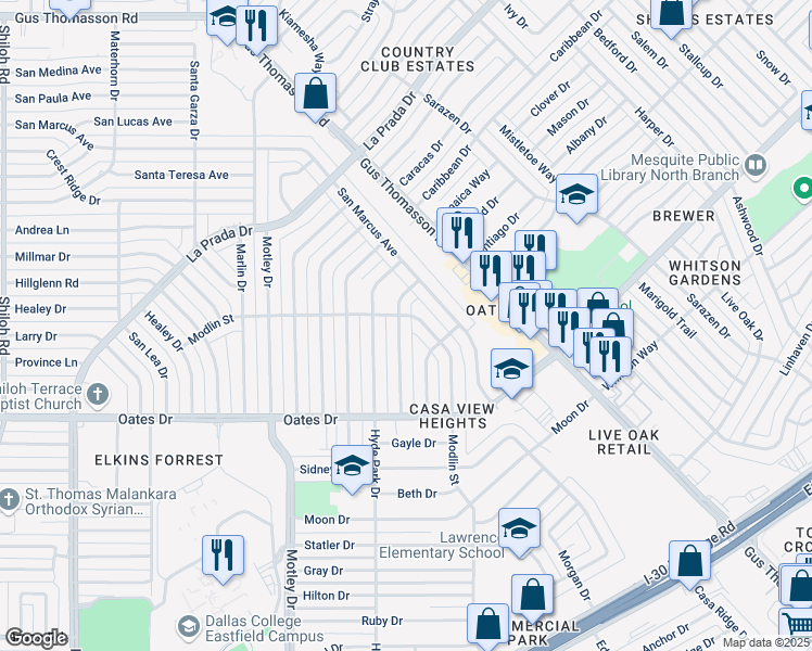 map of restaurants, bars, coffee shops, grocery stores, and more near 4328 Ridgedale Drive in Mesquite