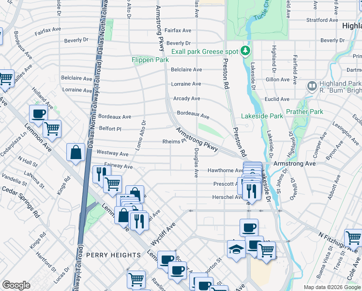 map of restaurants, bars, coffee shops, grocery stores, and more near 4311 Rheims Place in Dallas
