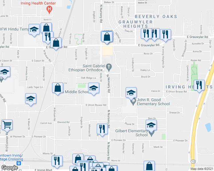 map of restaurants, bars, coffee shops, grocery stores, and more near 1117 North Nursery Road in Irving