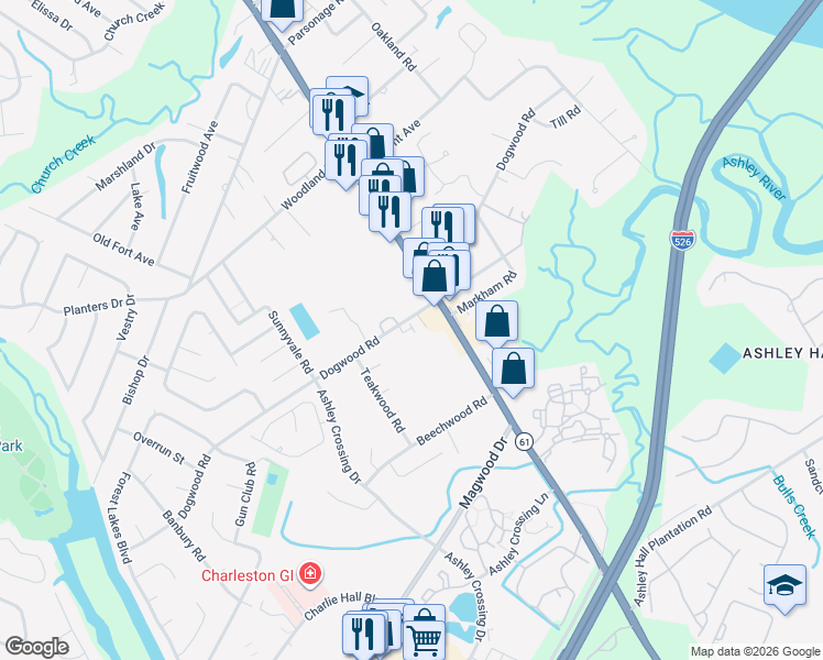 map of restaurants, bars, coffee shops, grocery stores, and more near 1815 Dogwood Road in Charleston