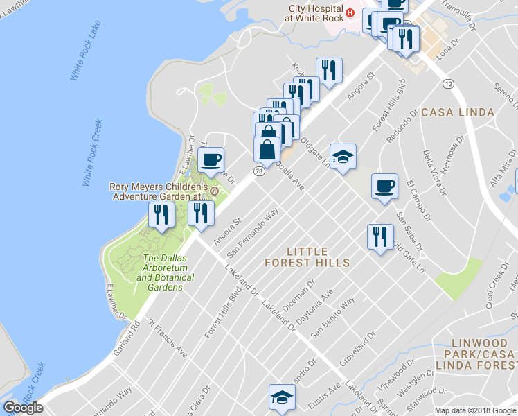 map of restaurants, bars, coffee shops, grocery stores, and more near 8808 Angora Street in Dallas