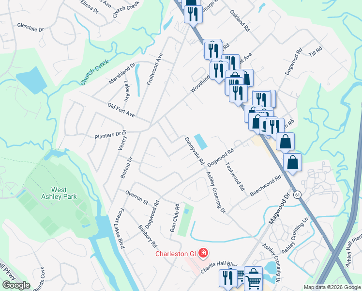 map of restaurants, bars, coffee shops, grocery stores, and more near 1974 Holliday Street in Charleston