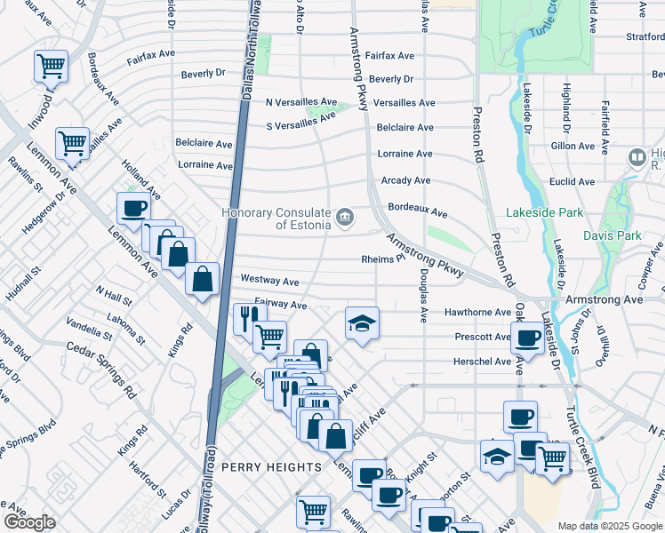 map of restaurants, bars, coffee shops, grocery stores, and more near 4465 Rheims Place in Dallas