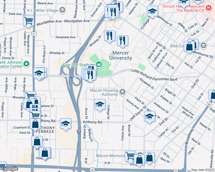 map of restaurants, bars, coffee shops, grocery stores, and more near 1881 College Street in Macon