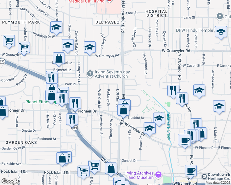 map of restaurants, bars, coffee shops, grocery stores, and more near 119 East Saint Clair Drive in Irving