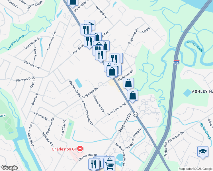 map of restaurants, bars, coffee shops, grocery stores, and more near 1815 Dogwood Road in Charleston