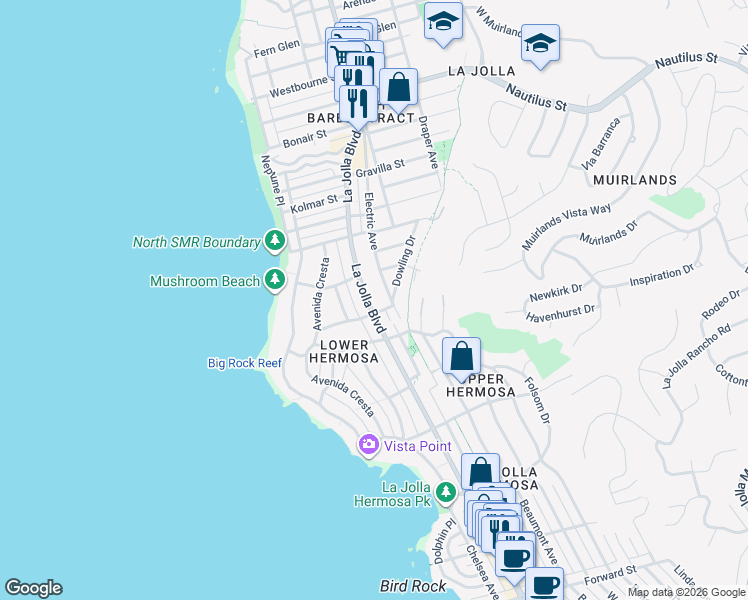 map of restaurants, bars, coffee shops, grocery stores, and more near 6333 La Jolla Boulevard in San Diego