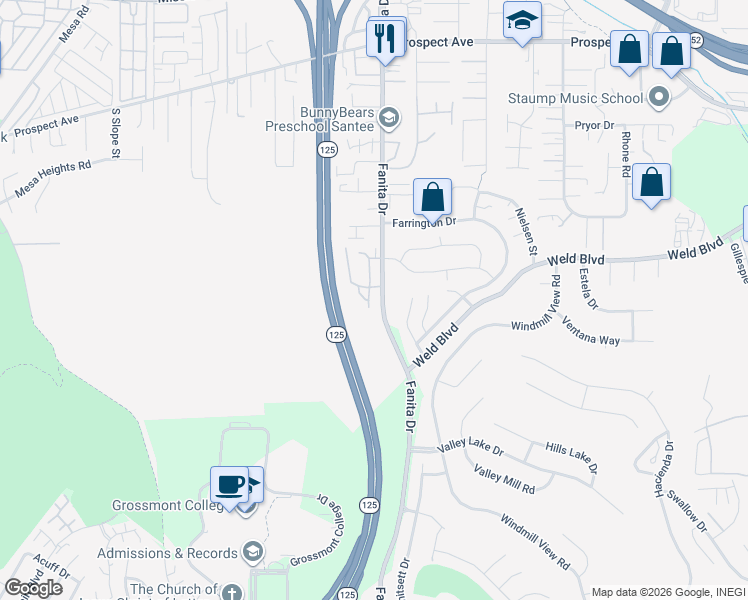map of restaurants, bars, coffee shops, grocery stores, and more near 8021 Calle Fanita in Santee