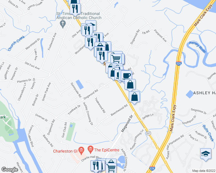 map of restaurants, bars, coffee shops, grocery stores, and more near 1815 Dogwood Road in Charleston