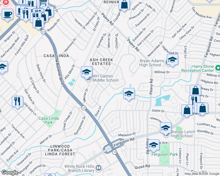 map of restaurants, bars, coffee shops, grocery stores, and more near 9710 Twin Creek Drive in Dallas