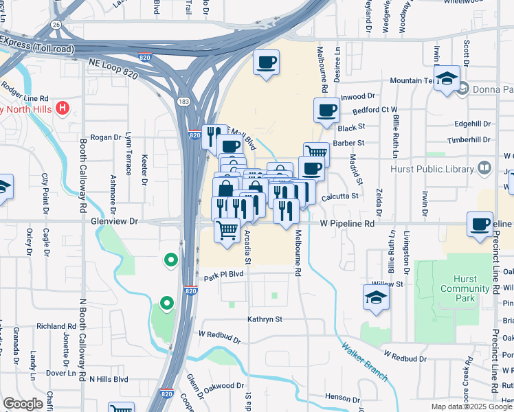 map of restaurants, bars, coffee shops, grocery stores, and more near 812 Arcadia Street in Hurst