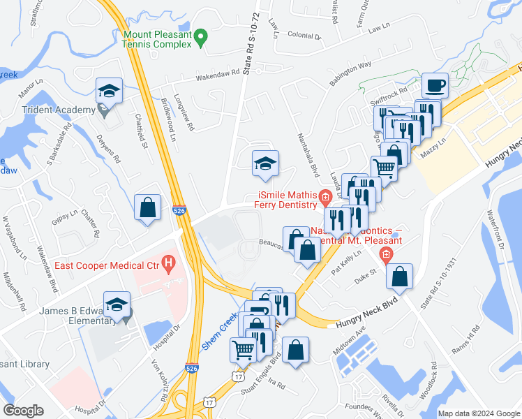 map of restaurants, bars, coffee shops, grocery stores, and more near 2111 Chatelain Way in Mount Pleasant