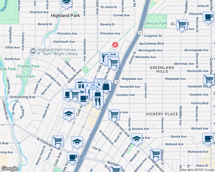 map of restaurants, bars, coffee shops, grocery stores, and more near 3031 Hester Avenue in Dallas
