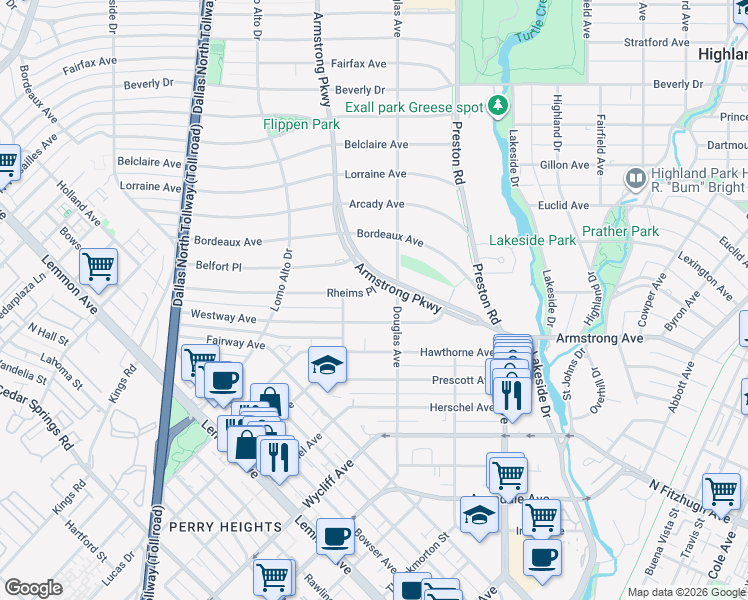 map of restaurants, bars, coffee shops, grocery stores, and more near 4311 Rheims Place in Dallas