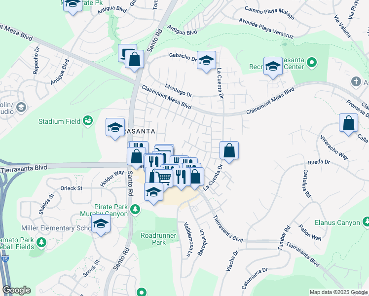 map of restaurants, bars, coffee shops, grocery stores, and more near 10756 Escobar Drive in San Diego