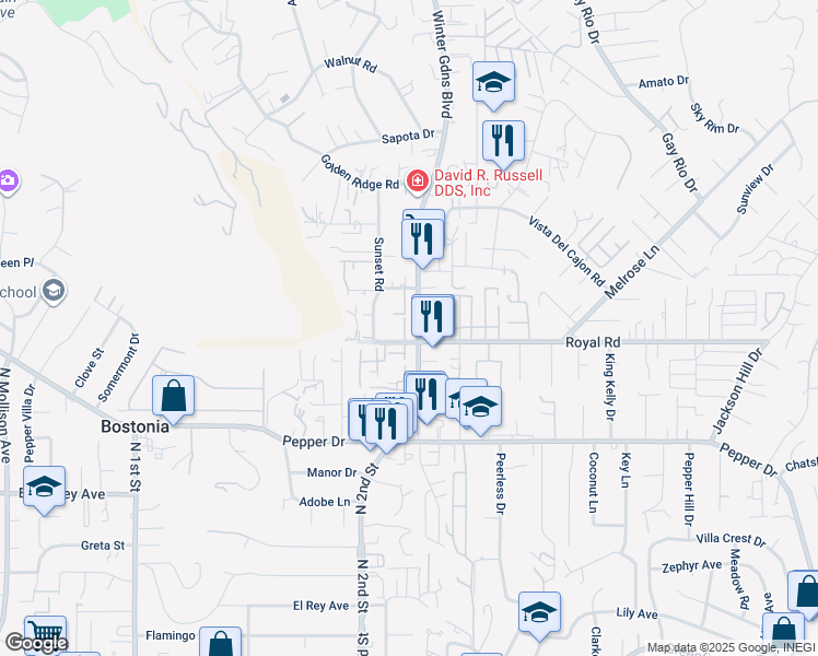 map of restaurants, bars, coffee shops, grocery stores, and more near 8102 Winter Gardens Boulevard in El Cajon