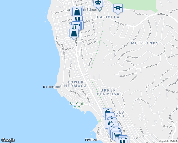map of restaurants, bars, coffee shops, grocery stores, and more near 6261 Dowling Drive in San Diego