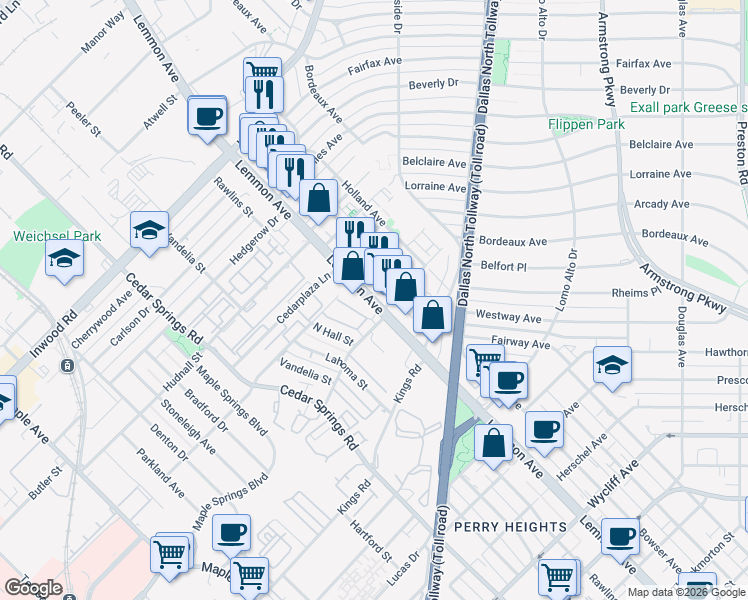 map of restaurants, bars, coffee shops, grocery stores, and more near 5124 Lemmon Avenue in Dallas