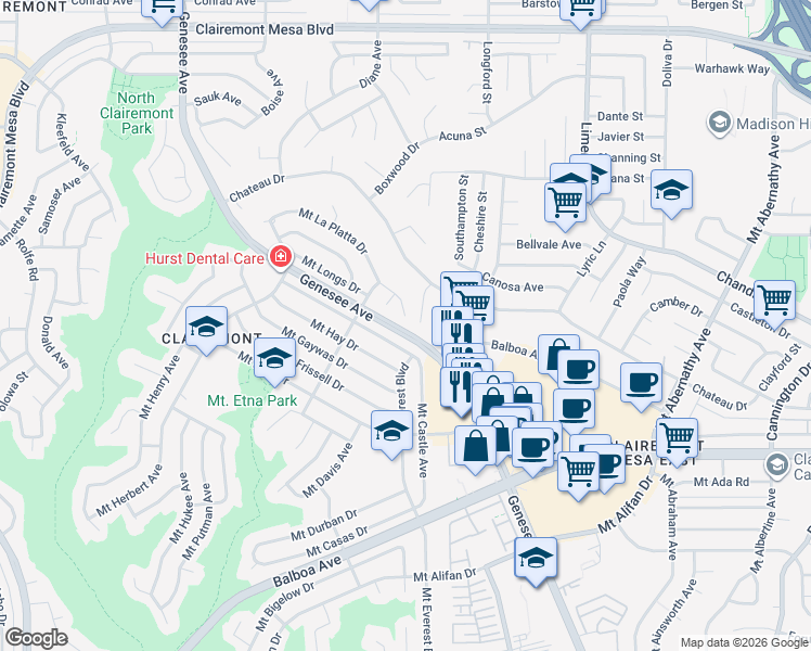 map of restaurants, bars, coffee shops, grocery stores, and more near 5095 Mount La Platta Drive in San Diego