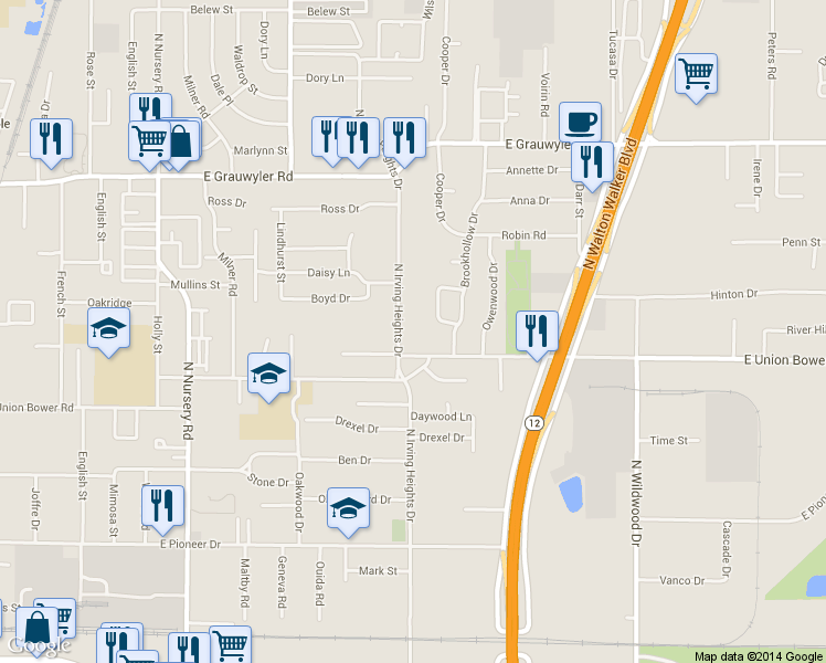 map of restaurants, bars, coffee shops, grocery stores, and more near 1106 N Irving Heights Dr in Irving