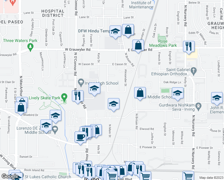 map of restaurants, bars, coffee shops, grocery stores, and more near 1000 Armeda Avenue in Irving